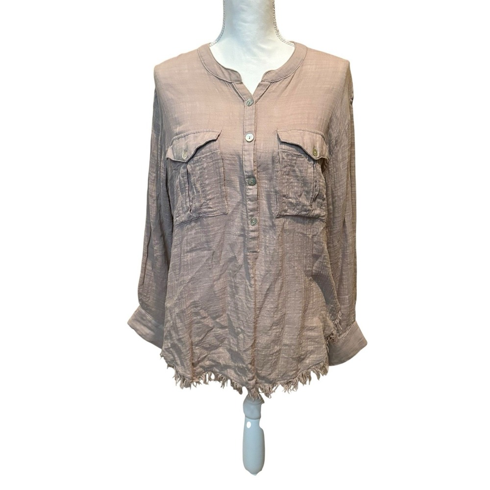 Free People Beige Talk To Me Shirt Lightweight Pockets Button Long Sleeves Large
